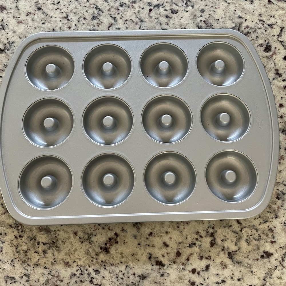 Pampered Chef Donut Baking Pan 12 Cavity Silver Blue Kitchen Non-Stick Steel